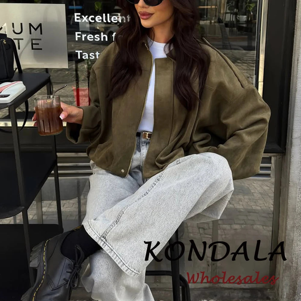 KONDALA Vintage Cool Green Streetwear Women Jacket Fashion 2026 Spring Zipper Folds High Street Chic Modern Female Short Outwear