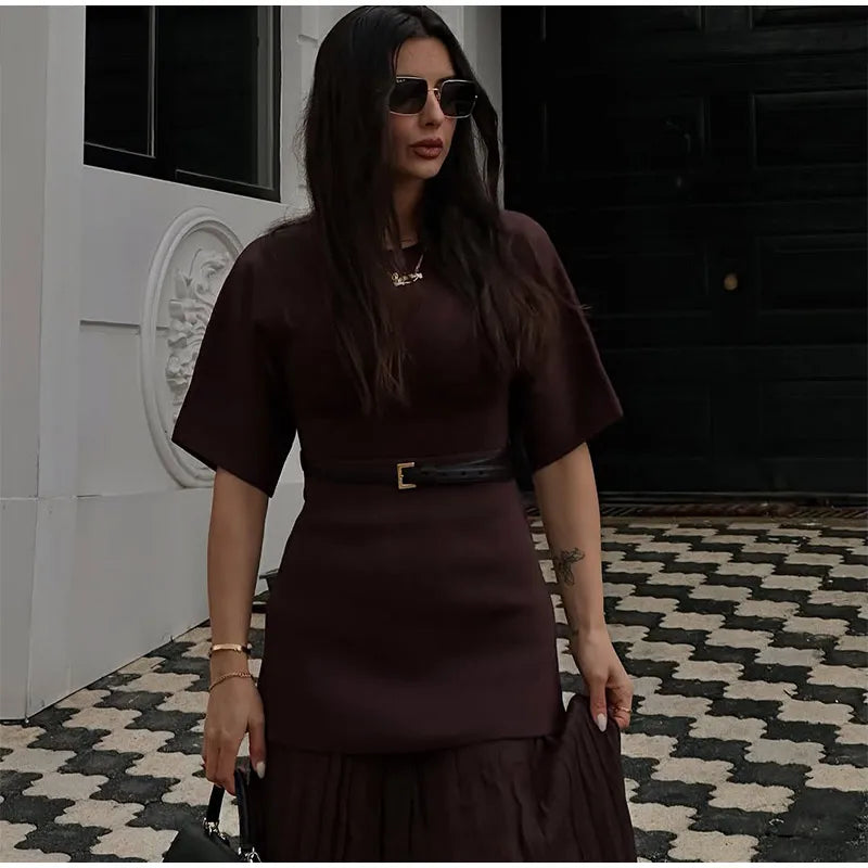 Vestido longo elegante com decote redondo e manga curta, moda feminina, liso, plissado, gaze, patchwork, 2025, novo, para escritório