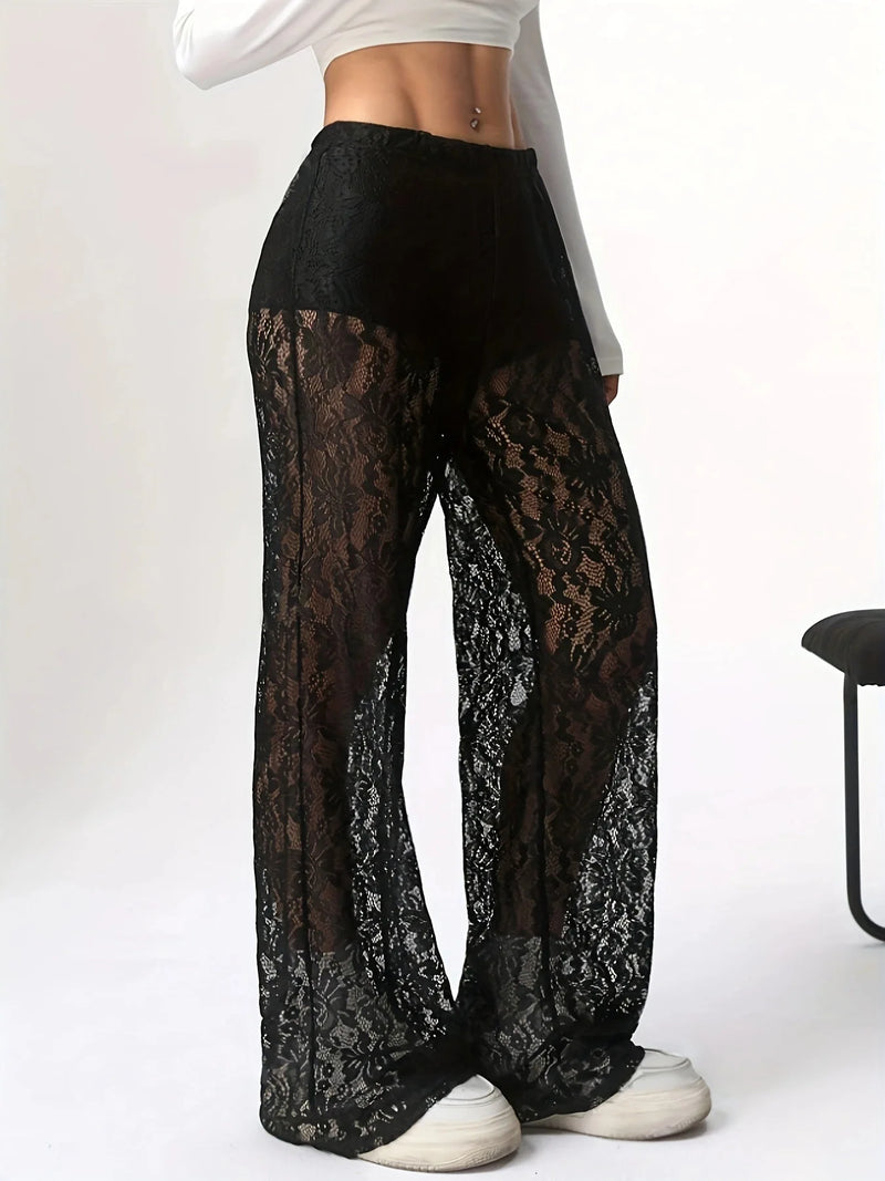Calça casual de cintura renda jacquard micro transparente, emenda reta