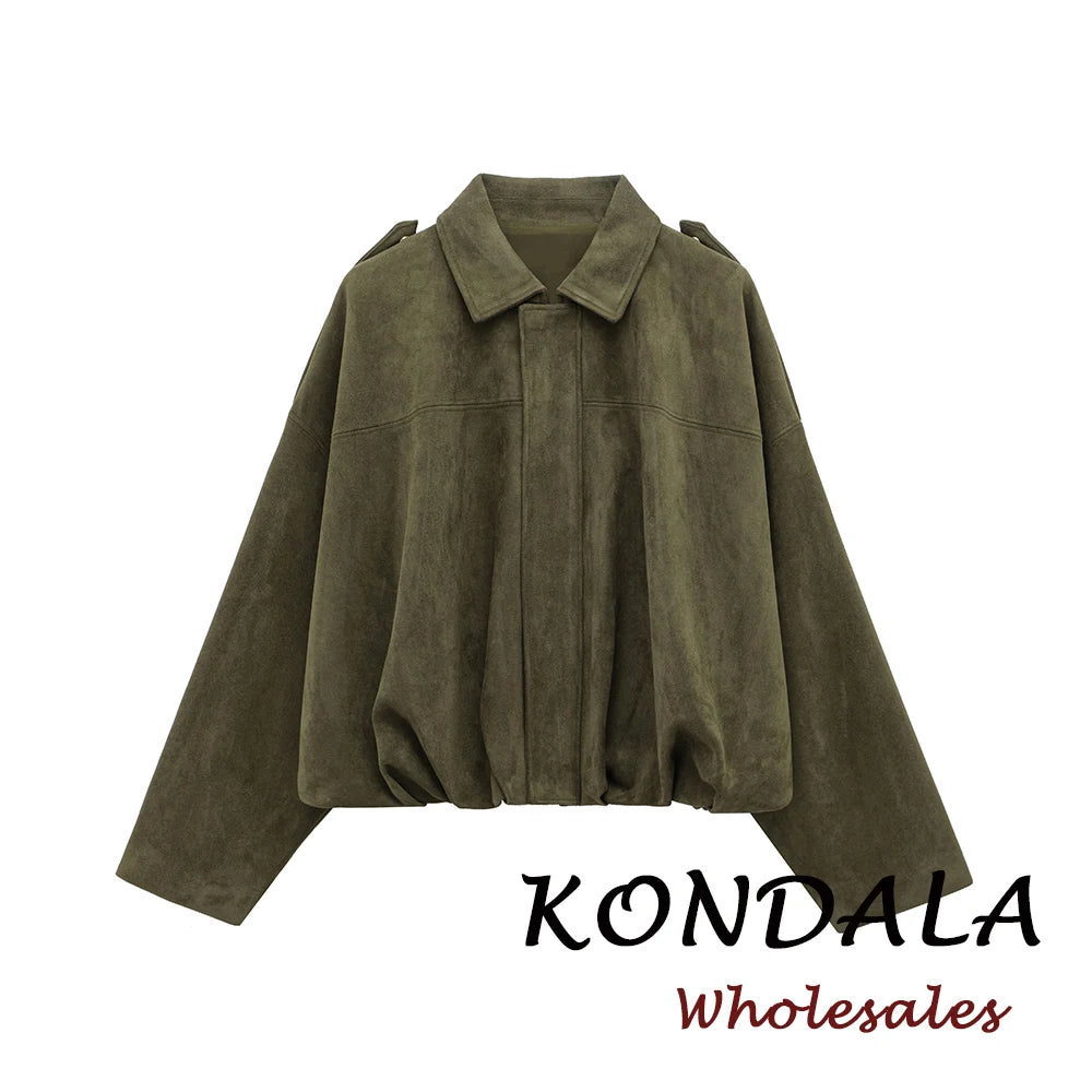 KONDALA Vintage Cool Green Streetwear Women Jacket Fashion 2026 Spring Zipper Folds High Street Chic Modern Female Short Outwear