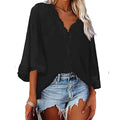 Blusa feminina de chiffon com costura de renda, decote em V, manga flare, blusa solta de verão, moda simples