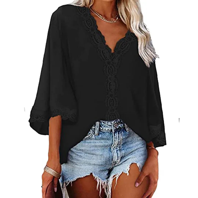 Blusa feminina de chiffon com costura de renda, decote em V, manga flare, blusa solta de verão, moda simples