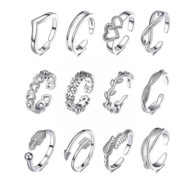 12pcs Adjustable Toe Rings For Women Girls Simple Beach Open Toe Set Cute Heart Feather Summer Toe Foot Jew T1X7 - CRAVO ROSE