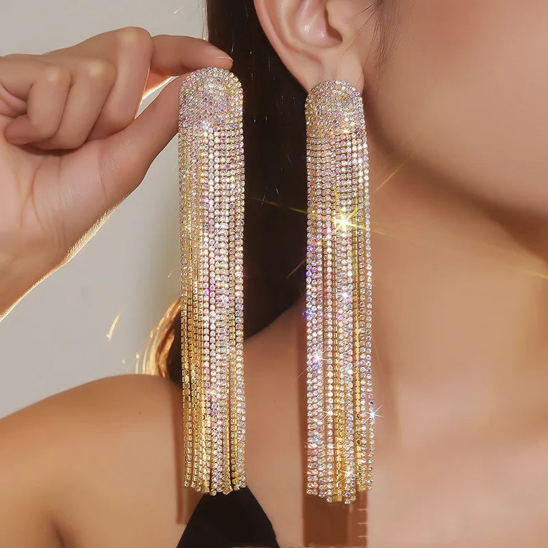 FYUAN Long Tassel Full Rhinestone Drop Earrings for Women Ovsize Crystal Dangle Earrings Fashion Jewelry Accessories
