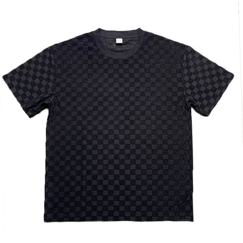 Conjunto de shorts casuais de perna reta e tamanho grande, camiseta xadrez jacquard de manga curta para homens, verão 2025