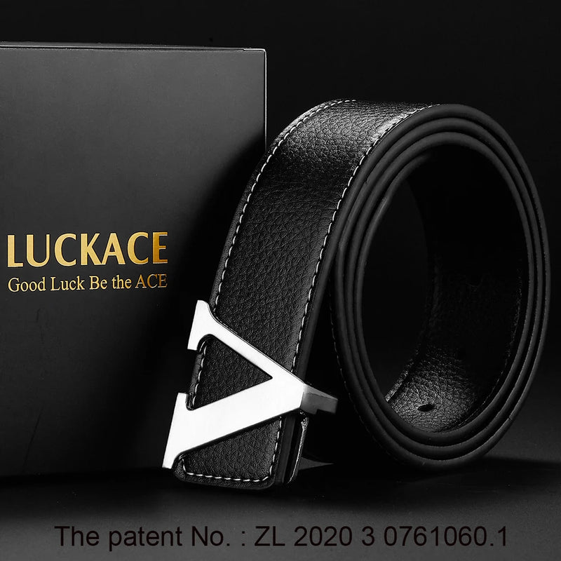Cinto de design LUCKACE para homens, moda feminina, luxo, letras, fivela lisa, liga, fivela em V, cintos de couro, presentes, cintura