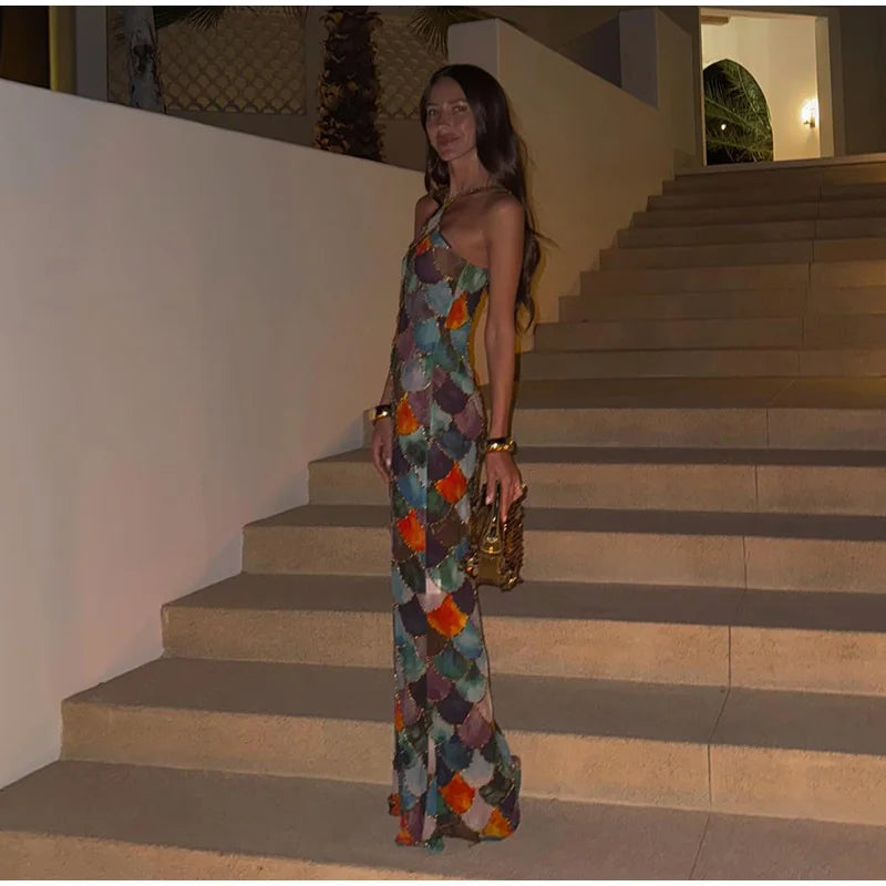 Sexy Print Long Halter Dress Women Sleeveless Backless Hip Package Female Party Dresses 2025 Spring Summer Lady Shiny Robes New