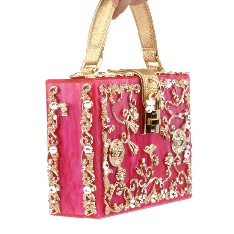 Box Designer evening bag diamond flower Clutch Bag hollow relief Acrylic luxury handbag banquet party purse women's Shoulder bag