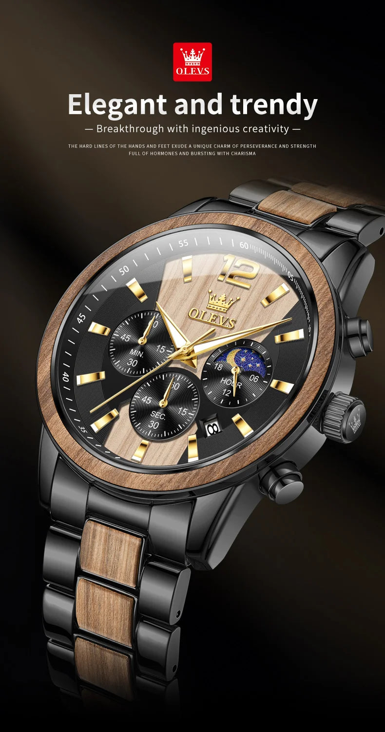 OLEVS 3645 Mens Watch Top Brand Business Original Quartz Watch Solid Wood Multifunctional Chronograph Watch Moon Phase Reloj New