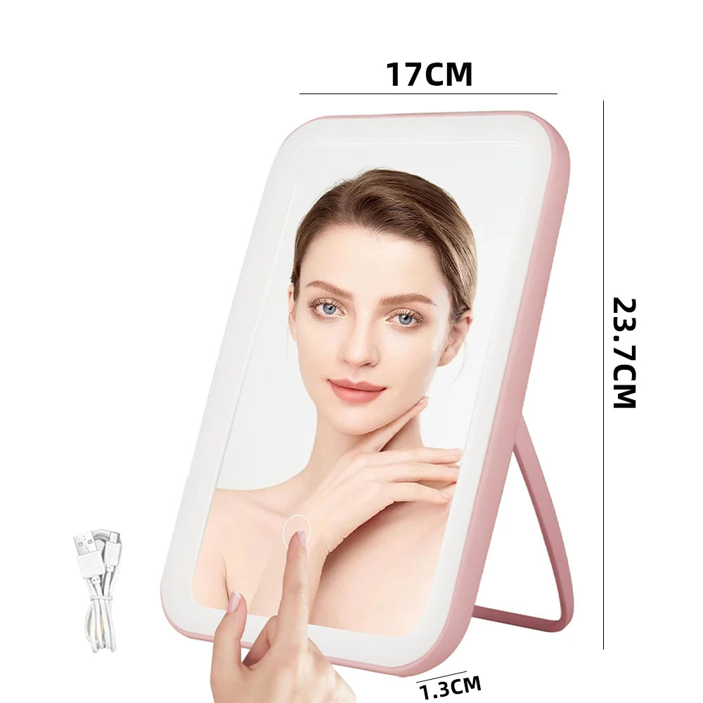 Espelho de Beleza com Lupa e Luz LED, 3 Painéis, Iluminação Ajustável, Base Antiderrapante para Bolsa e Viagem