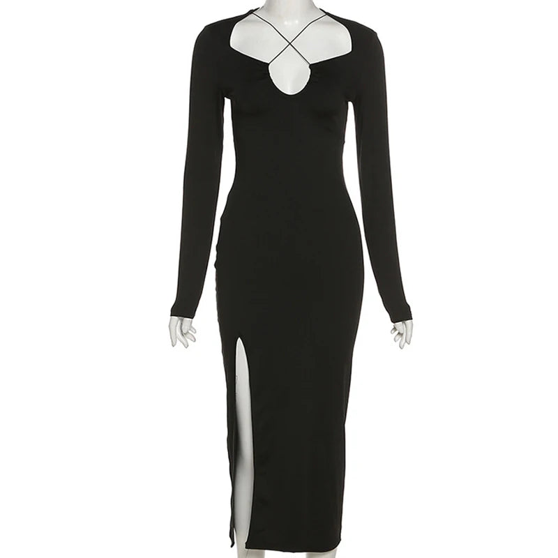 Autumn Crossed Cleavage Maxi Dress Women Concise Side Spilt Elegant Vestido Lady High Street Bodycon Slim Robe Skirt