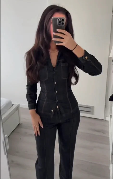 Women Fashion Denim Solid Top High Waist Pants Suits Casual Single Breasted Lapel Neck Shirts Pant Set Spring Lady Street Wear
