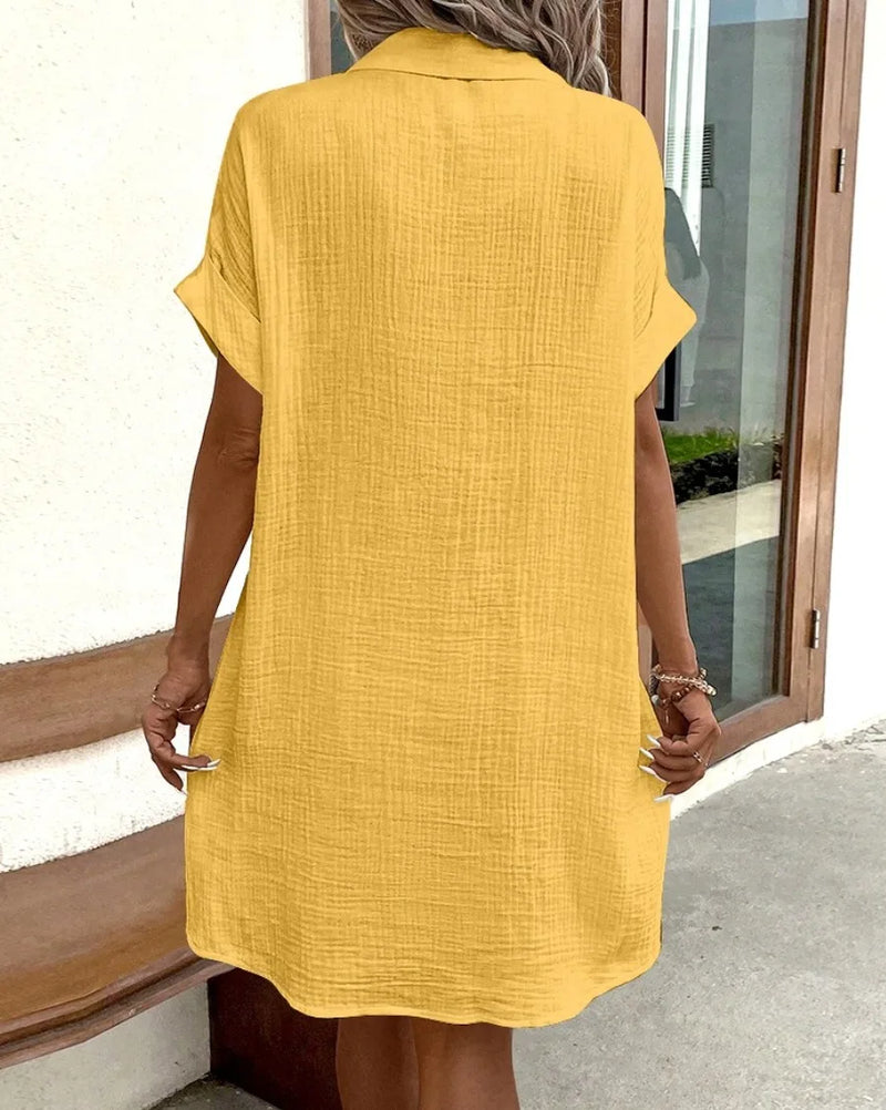 Summer Turn Down Collar Button Up Dress For Women Casual Loose Short Sleeve Pocket Splicing Solid Color Dresses Femme Robe