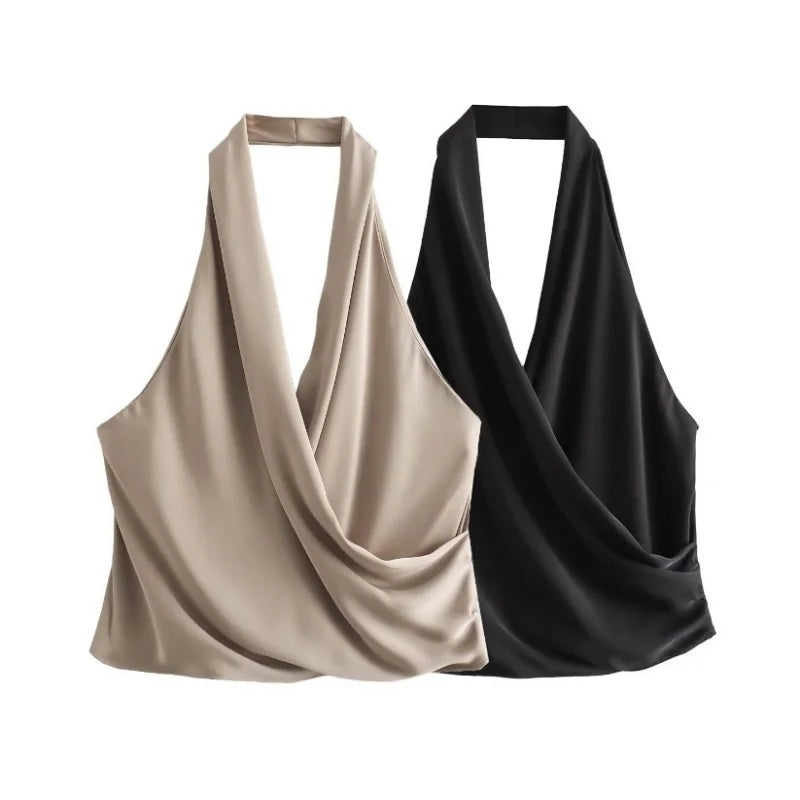 Women's Sexy Two Tone Halter Top for Summer Beachwear Y2K Style Deep V Neck Lightweight Sleeveless Backless for Vacation Party