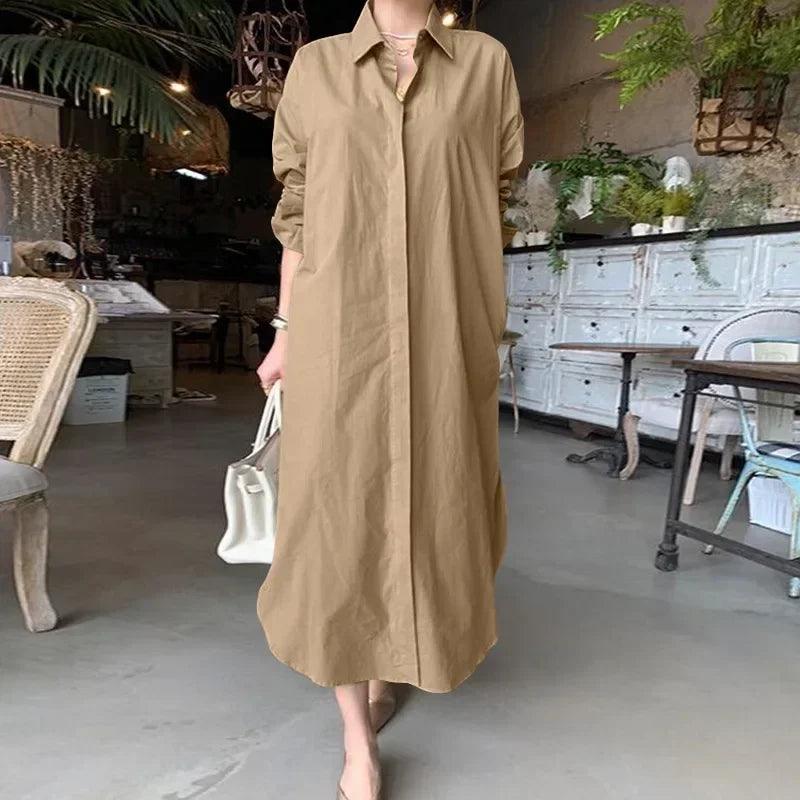 Women's Fashion Lapel Long Sleeved Loose Fitting Dress with Solid Color Buttons Large Casual Turn-down Collar Long Dress - CRAVO ROSE