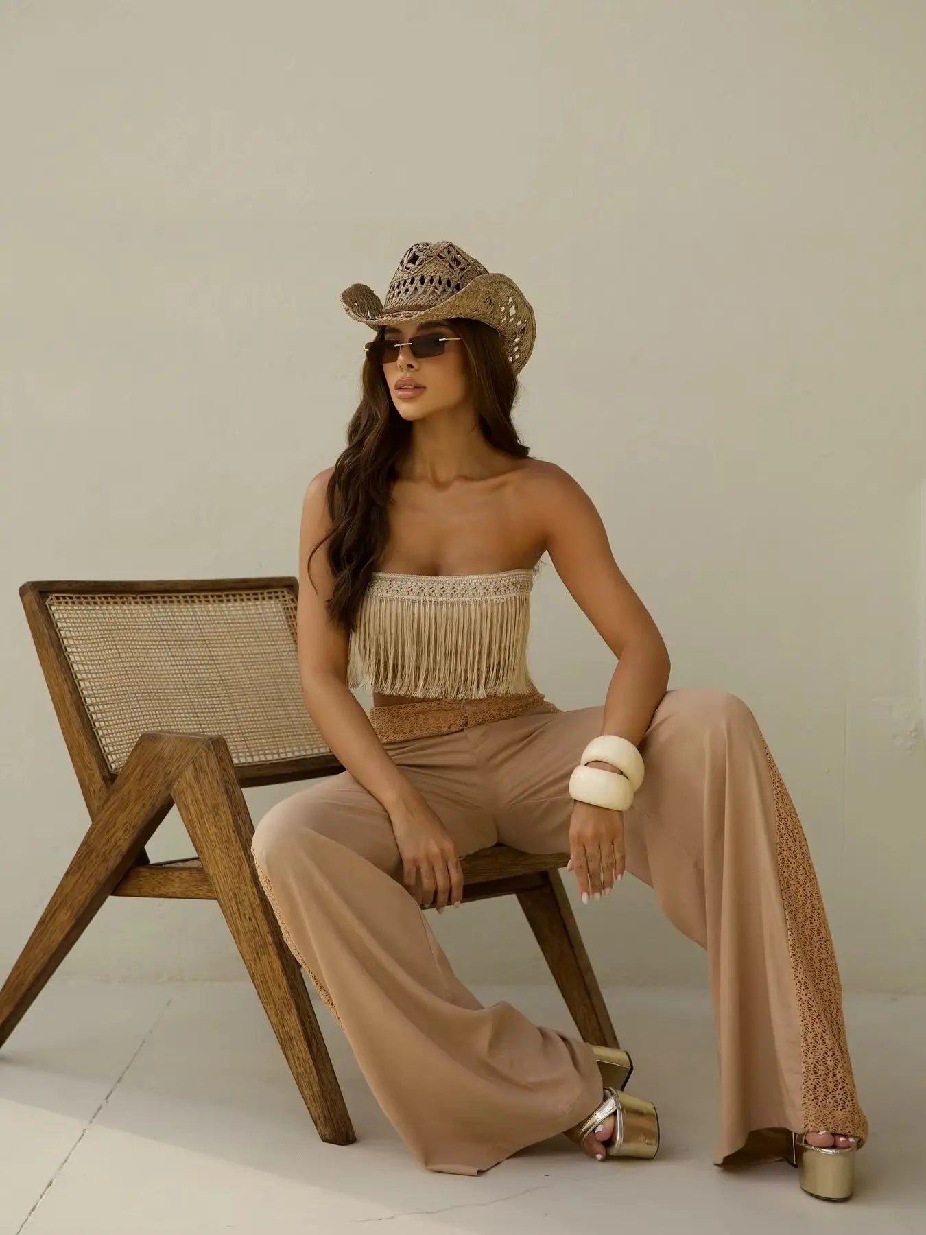 2025 New Sexy Tassel Two Piece Set With Pants Wide-Leg Pants Summer Women White Tube Top with Pants Suit Female