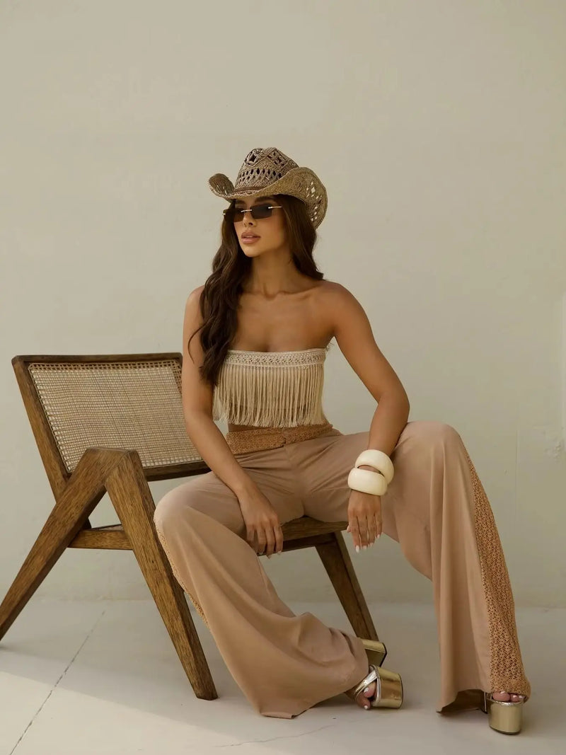 2025 New Sexy Tassel Two Piece Set With Pants Wide-Leg Pants Summer Women White Tube Top with Pants Suit Female