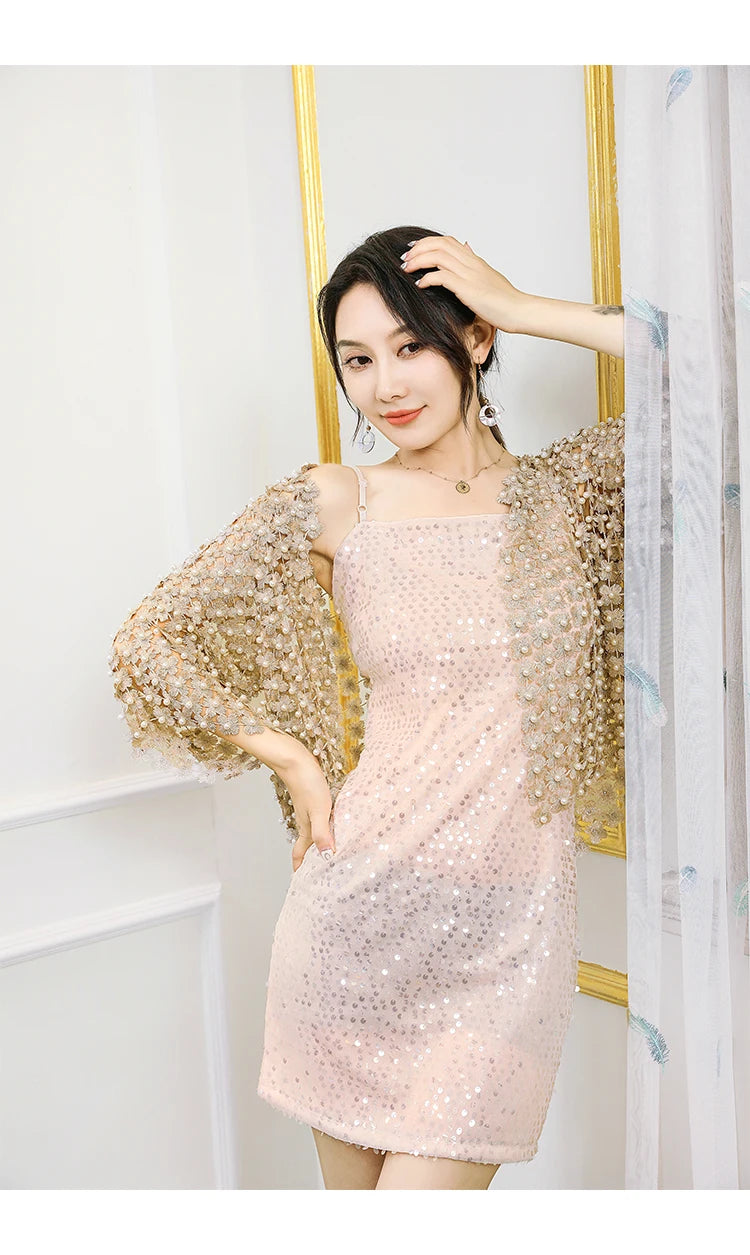 Women Beads Coat 2025 Summer Style Women Perspective Shawl Fashion Hollow Out Lace Boleros Short Sleeve Coats Jackets Femal