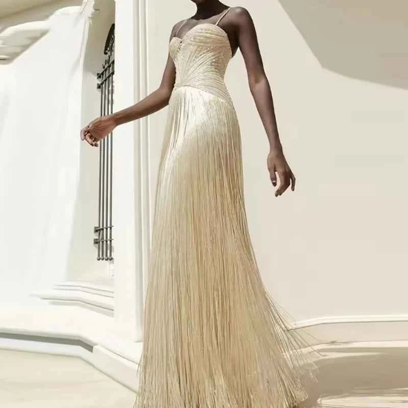 Sexy Off Shoulder Sleeveless Suspender Dress Women's Elegant High Waist Slim Tassel Long Dress Fashion Draped Solid Long Dress