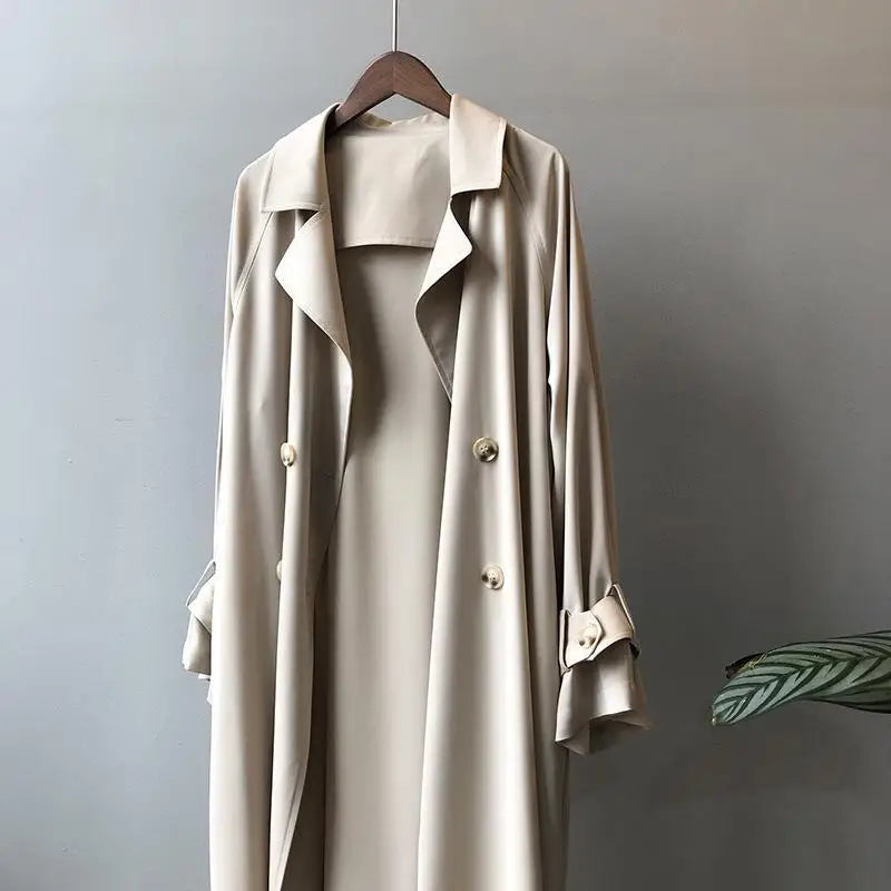 New Fashion Women's Long Trench Coat Spring Autumn Temperament Thin Windbreaker Coat Female Casual Parker Overcoat Apricot Black