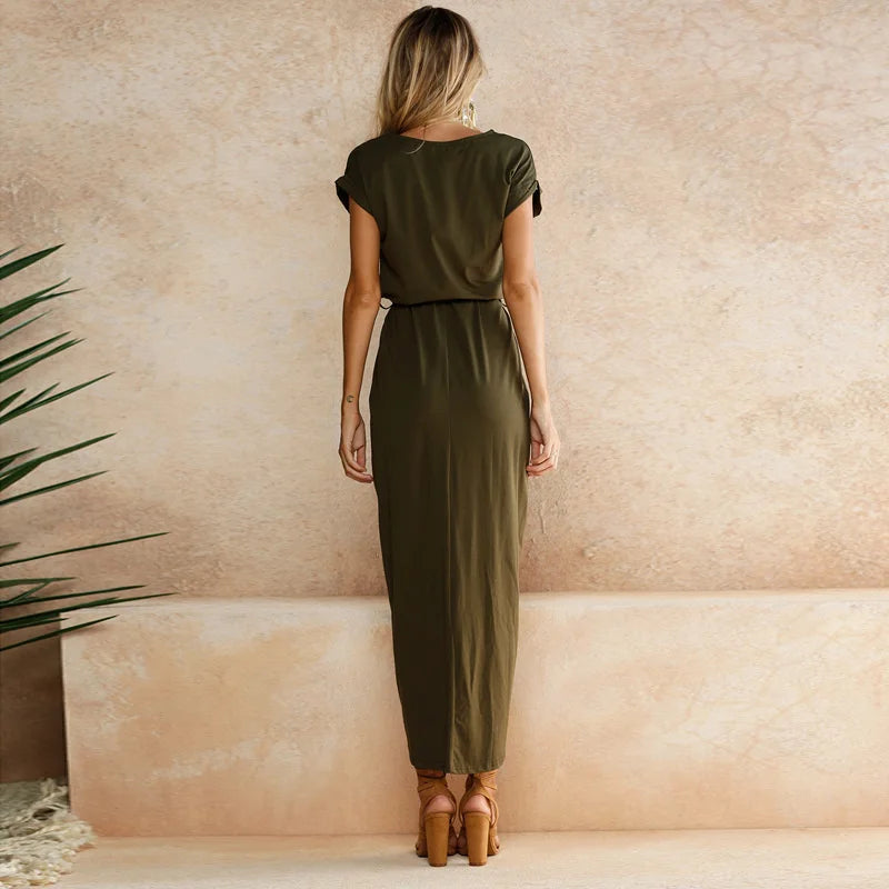2023 Summer Beach Maxi Dress Women Floral Solid Short Sleeve Shirt Dress Casual Sexy Bandage Dress Robe Femme Vestidos Plus Size