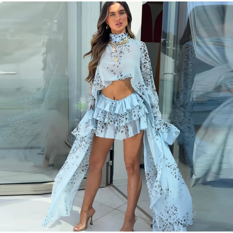 Sexy Women's Skirt Set Full Sleeve Crop Top Ruffle Hem Skirts Female Vacation Print Sets 2026 Summer Beach Fashion Lady Suit