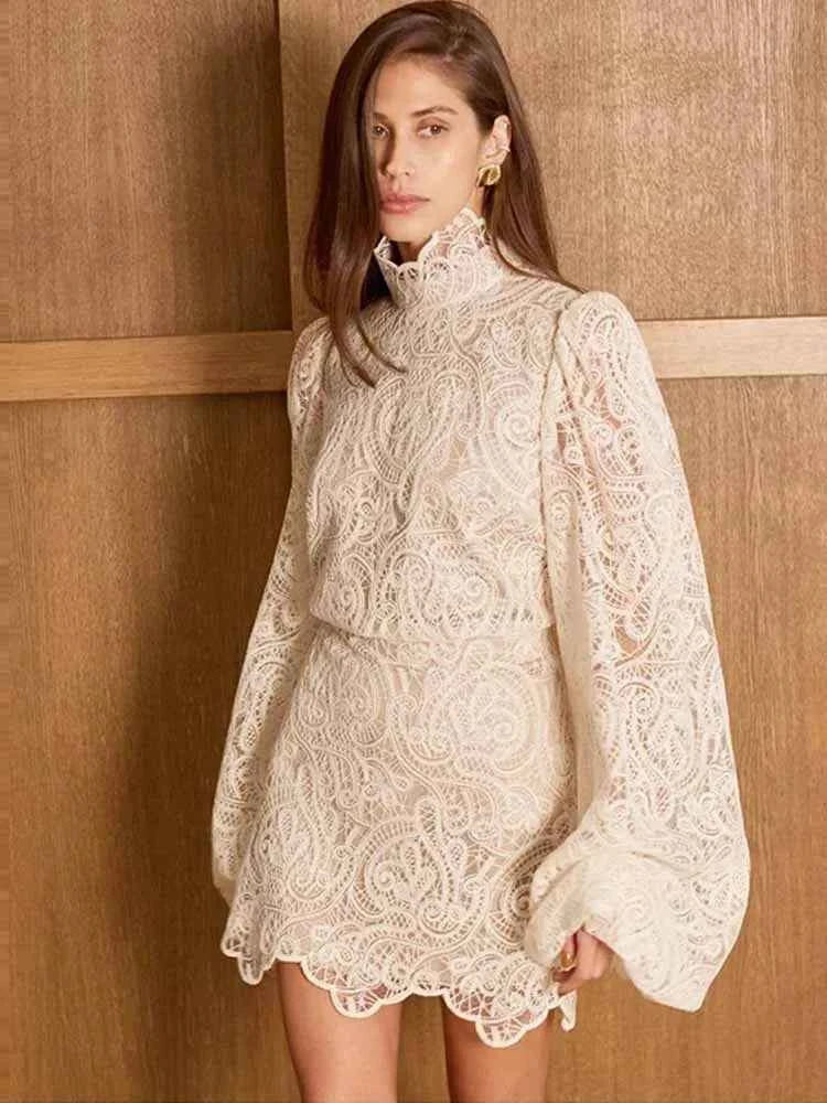 Lace Elegant Skirt Two Piece Set Women Turtleneck Hollow Out Lantern Sleeve Tops Irregular Hem Mini Skirt 2025 Chic Party Suit