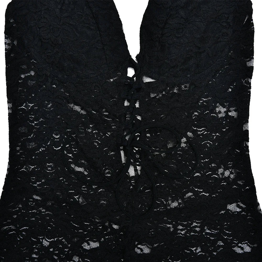 Women's New Sexy Fashion Hollow-Out Lace See-Through Backless Halter Slim Jumpsuit