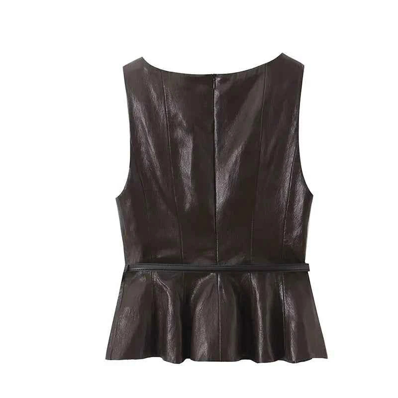 NLZGMSJ Vintage Faux Leather Casual Women Solid Suit O-Neck Zipper Belt Vest Zipper Long Straight Skirt Fashion 2026 Spring Sets