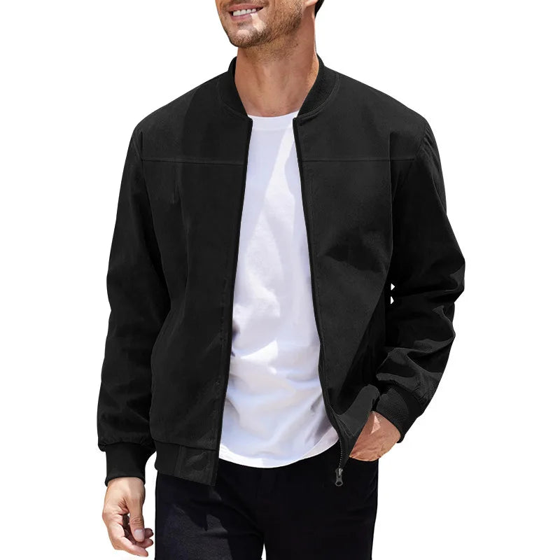 Men's Business Casual Suede Jacket Zipper Collar Warm Sporty Outerwear Polyester Fabric Long Sleeve round Hem Knitted Sleeve