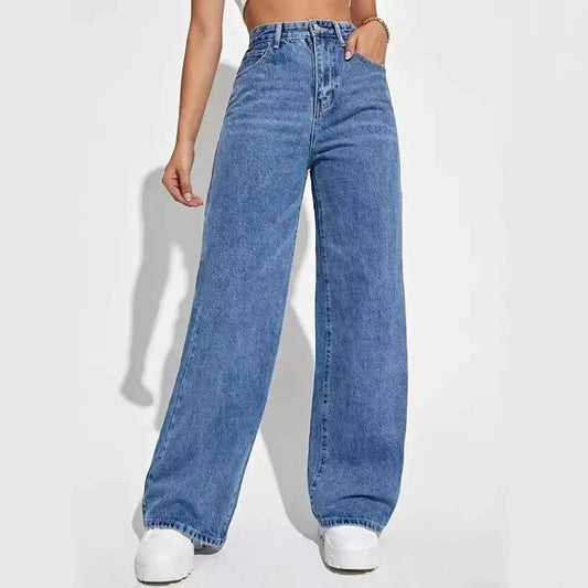 Fashion retro blue jeans women y2k High street baggy straight pants High waisted all-in-one slim pants