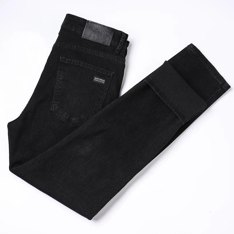 Calça jeans masculina preta pura, versão moderna, corte reto, calça jeans clássica elástica confortável para negócios, marca de jeans - CRAVO ROSE