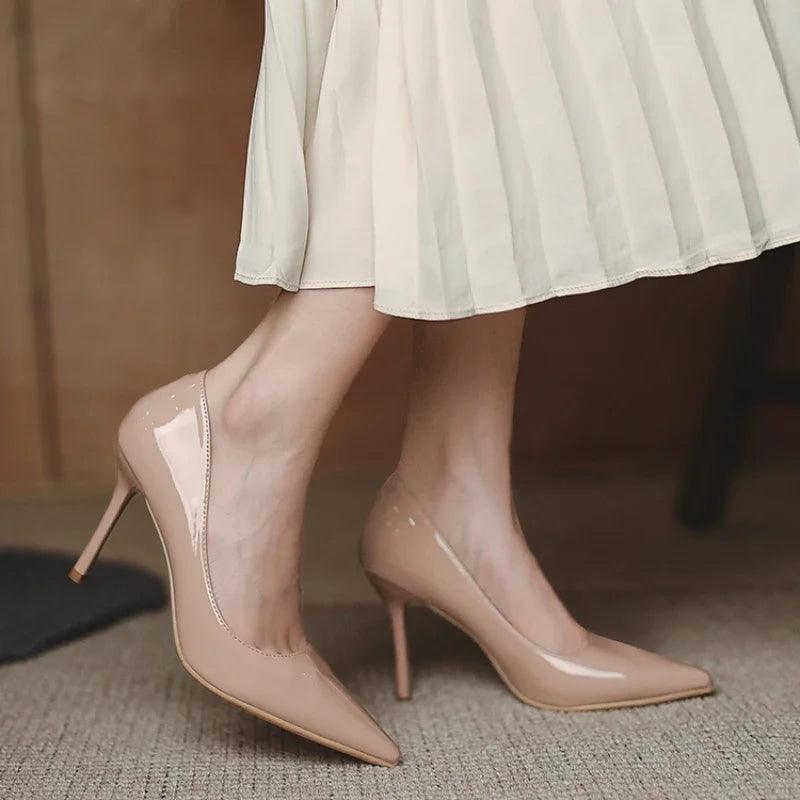 Autumn New Nude Lacquer Leather High Heels with Thin Heels Versatile Pointed Shallow Mouth Single Shoes - CRAVO ROSE