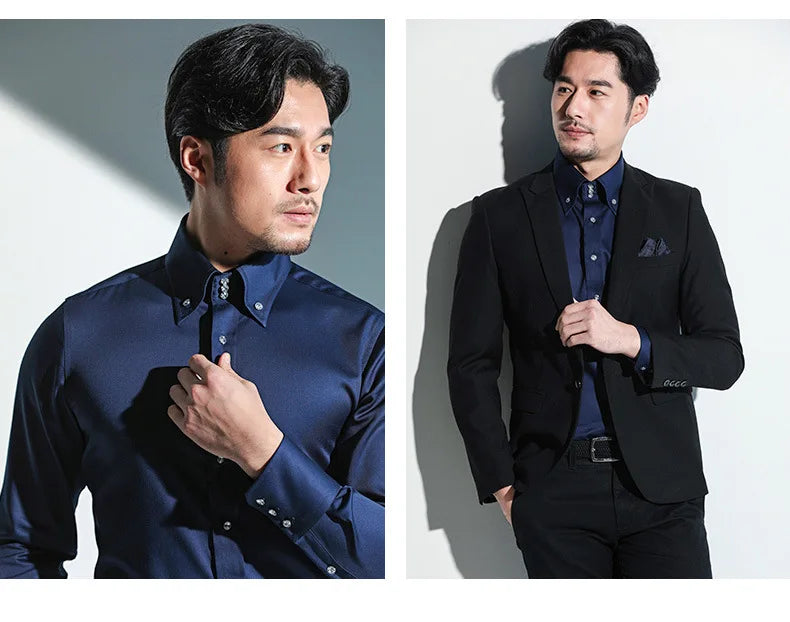 Men's Stretchy Long Sleeve Shirt Crystal Buttons Business Casual Slim Fit Dress Shirts for Men Trendy Traf Homme TS-928
