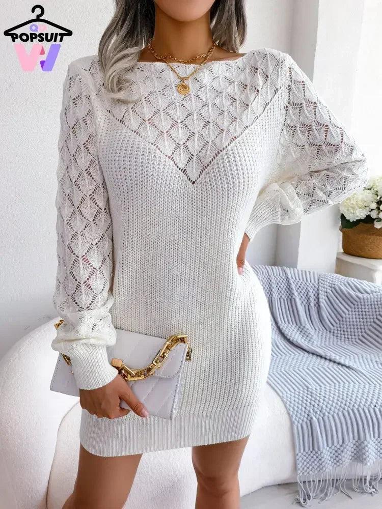 Women‘s Sexy Sweater Dress Ladies Slash Neck Knitted Jumpers Hollow Out Pullover Party Spring Mini Skirt Pink Clothes Streetwear - CRAVO ROSE