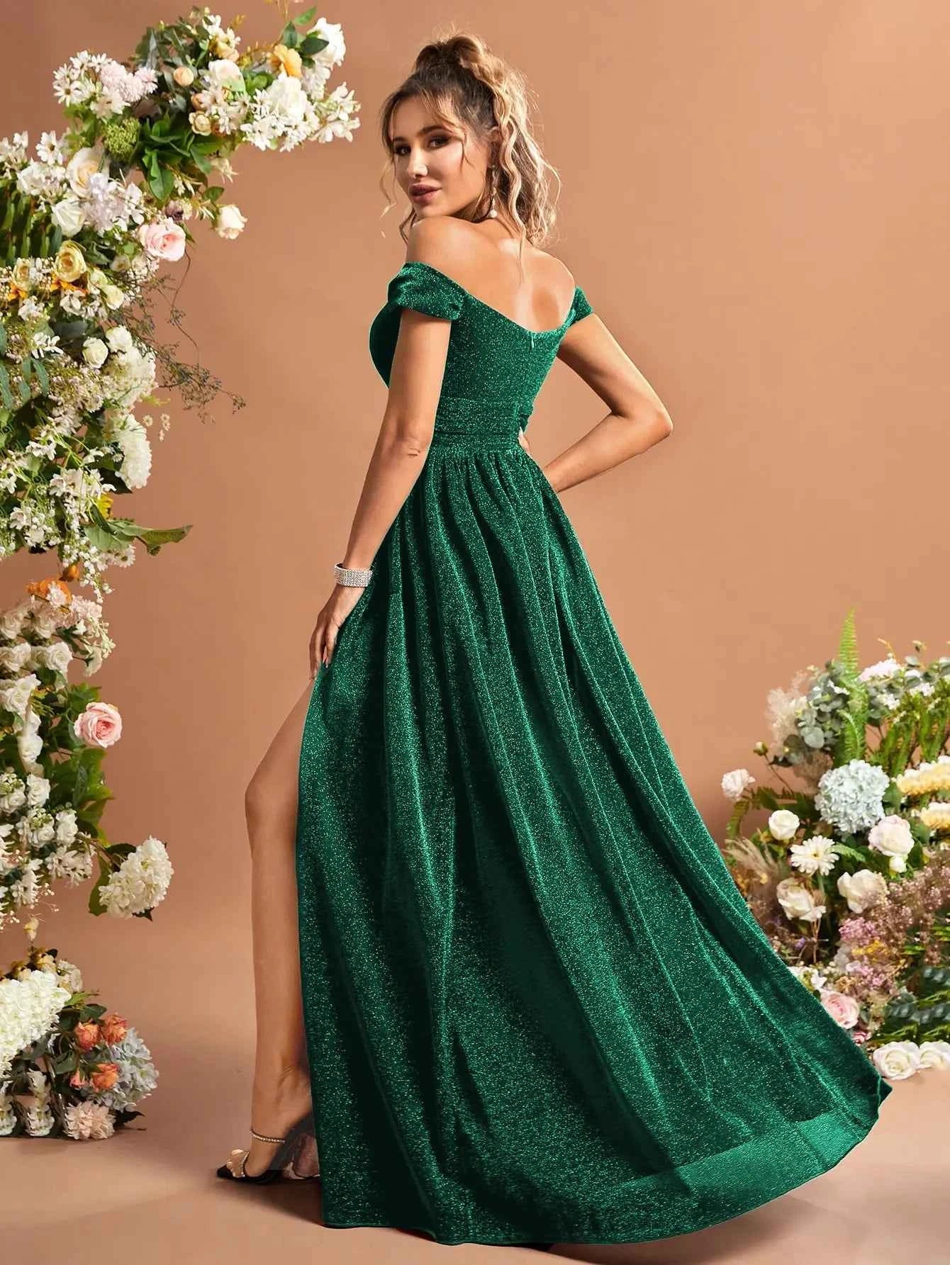 Off Shoulder Split Thigh Glitter Dress