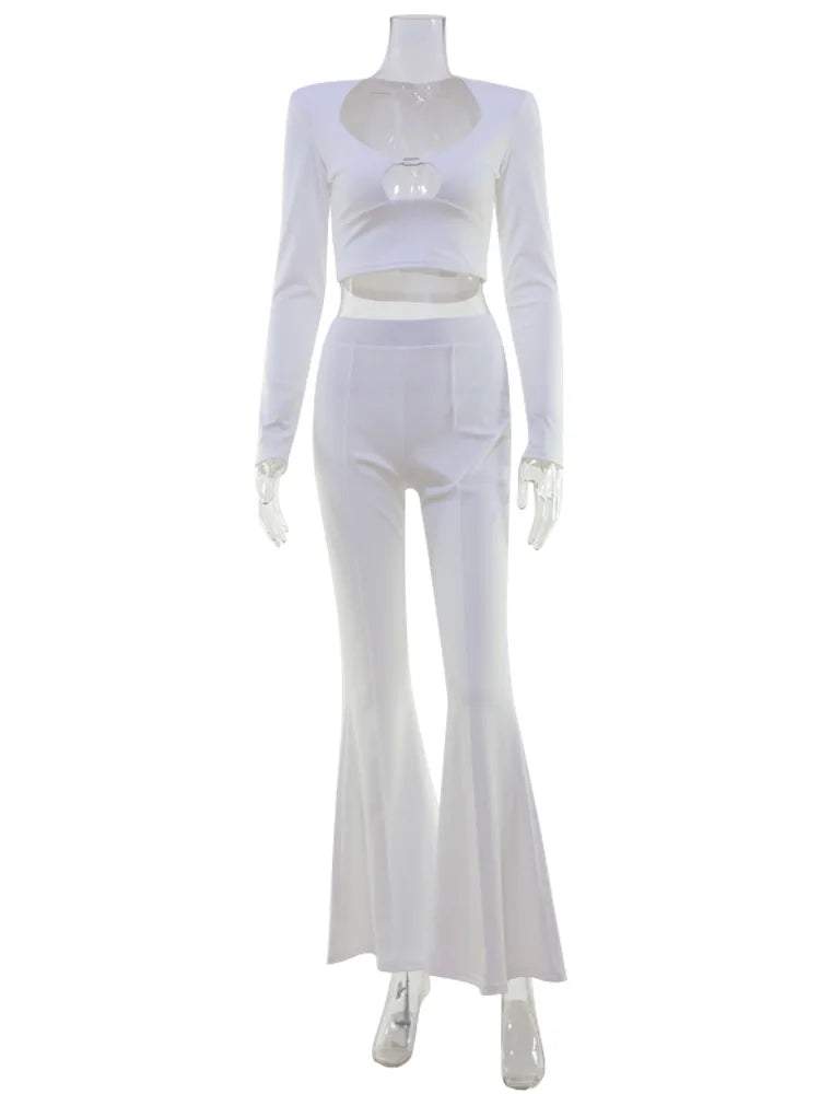 CNYISHE Long Sleeve U Neck Solid Fashion Women Sets 2-Pieces(Tops+Pants) Sheath Sexy Club Suits Fitness Casual Female Elegant