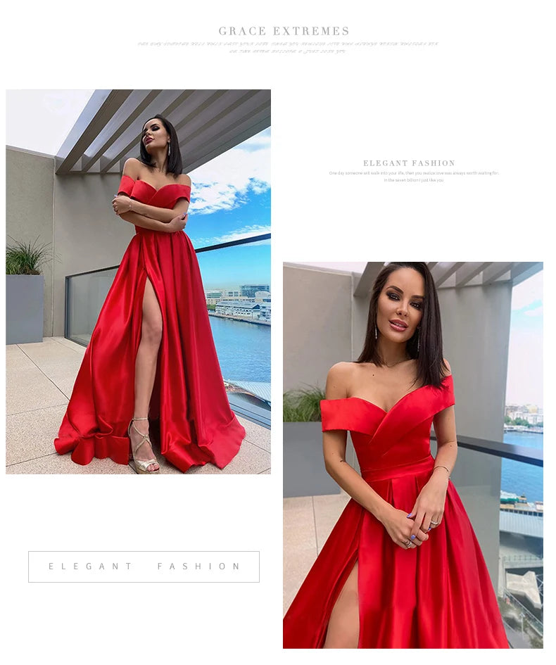 Popular Elegant Long Gowns Red A-Line Formal Party Evening Dresses V Neck Sexy Strapless Slit Satin Women's Wedding Dresses