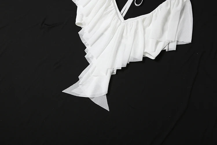 Weird Puss Patchwork Summer 2-Piece Set Women v-Neck Ruffles Crop Tops+Elastic Waist Simple Skitrts Solid Vacation Elegant Suit
