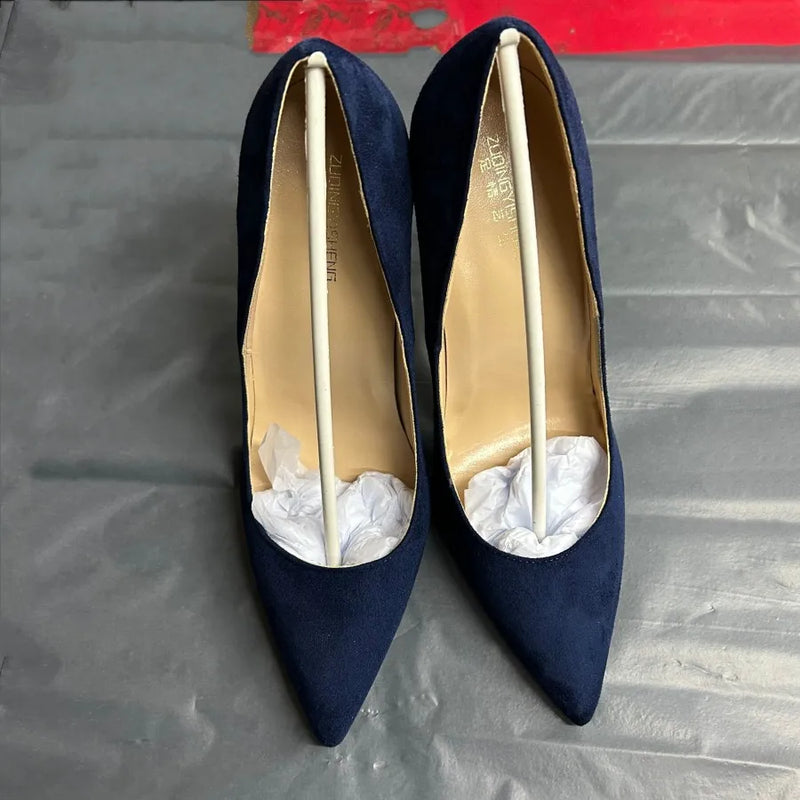 Sapatos de salto alto femininos de camurça sintética azul marinho, bico fino, sem cadarço, salto agulha OL feminino, 8, 10, 12 cm