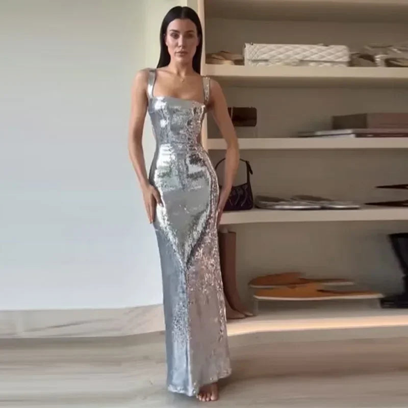 Jinia sexy sling backless silvery party women dresses evening luxury sequins bodycon sleepveless long dress ladies ball gown hot