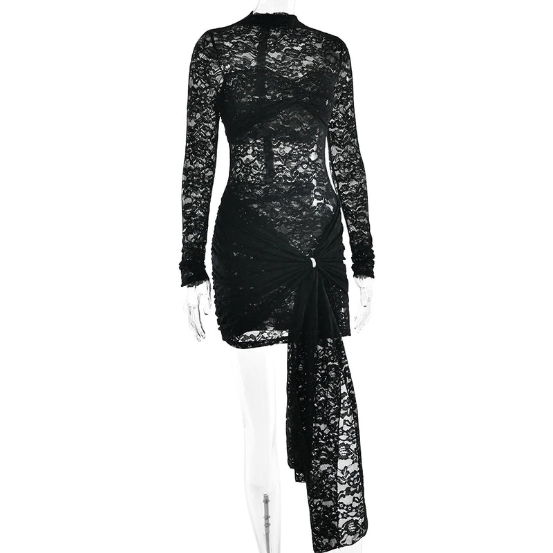 Fantoye Sexy See Through Lace Bandage Women Dress Black Long Sleeve Print Floral Dress Female Winter Slim Elegant Party Dresses
