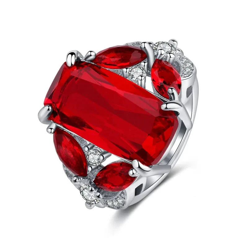 Fashion Female Real 925 Sterling Silver Jewelry Ring Have Stamp AAA Big Red CZ Stone Wedding Rings for Women Party