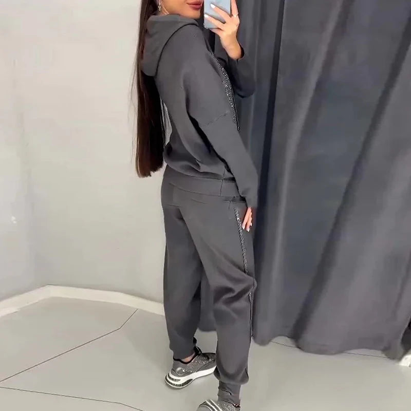 Fashion Diamonds Patchwork Women's Suits Sport Drawstring Hooded Sweatshirt and Long Pants Sets 2025 Vestidos Leisure Sportswear
