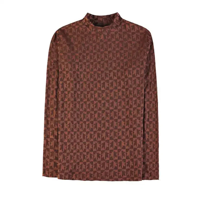 Camiseta elástica estampada de gola alta semi alta para homens, roupas de outono, nova, mangas compridas, jacquard, justa, cor sólida, camiseta slim fit