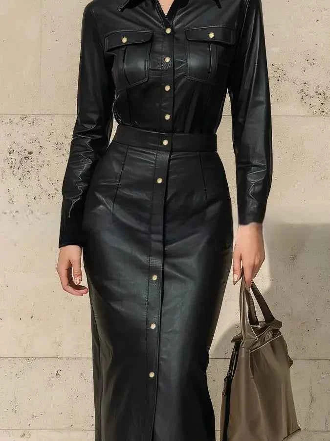 Fashionable Long PU Leather Dress with Single Button And Suit Collar Slim Fit Elastic Large Size Long Sleeve Skirt for Women