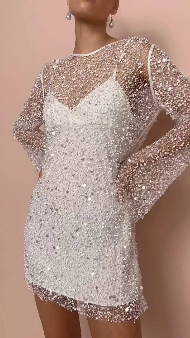 2PCS Women's Summer Suspender Dress With Sequined Seersucker  Perspective Mesh Strap Design Party Dress Up Black And White