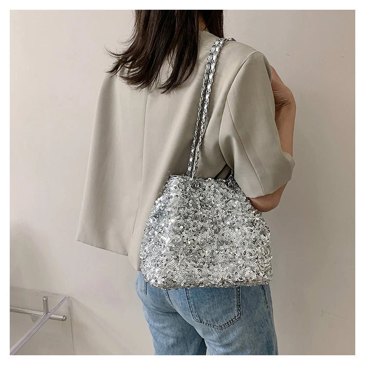 Sparkling Sequins Bucket Shoulder Bags Sense of Luxury Large Capacity Fresh Crossbody Bags for Women 2024 Fashion Versatile Hot
