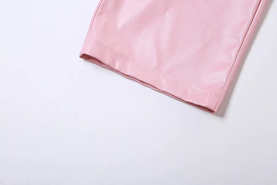 Calças casuais de couro sintético com perna reta e bolsos lisos, cintura alta, moda feminina