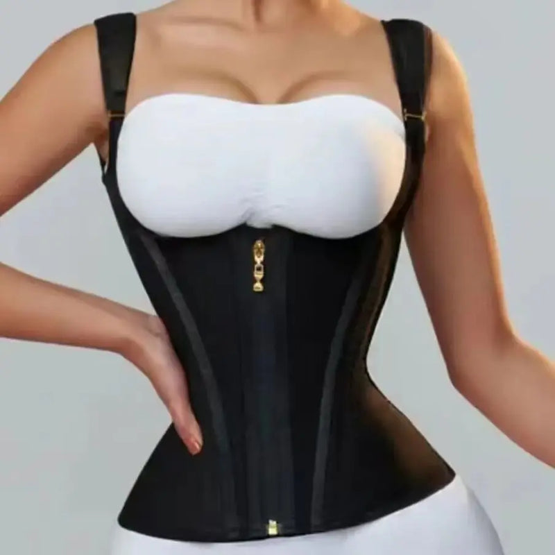 Colete de postura com cintura de malha elástica de alta qualidade com 15 ossos, modelo de barriga, cinto com cordão e zíper, top modelador retrô com seios grandes